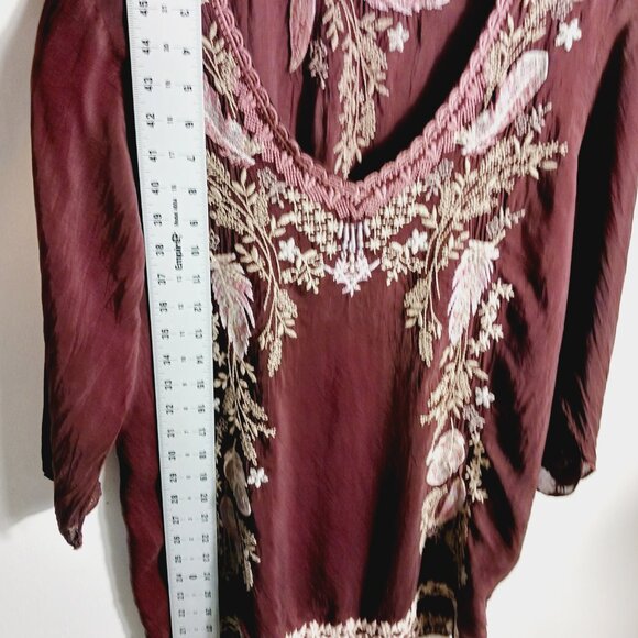 Johnny Was, Burgundy Brown Embroidered Boho Chic Top, Lt. Wt., Semi-Sheer, Small - Picture 14 of 16